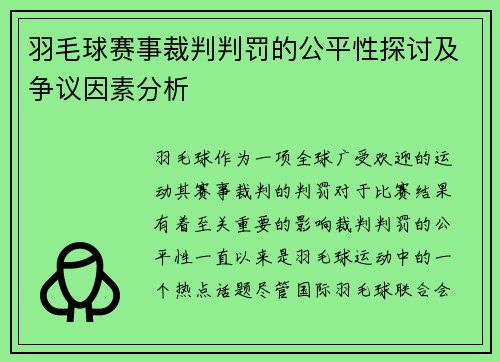 羽毛球赛事裁判判罚的公平性探讨及争议因素分析