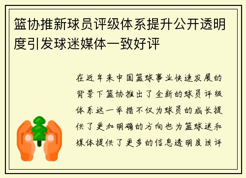 篮协推新球员评级体系提升公开透明度引发球迷媒体一致好评